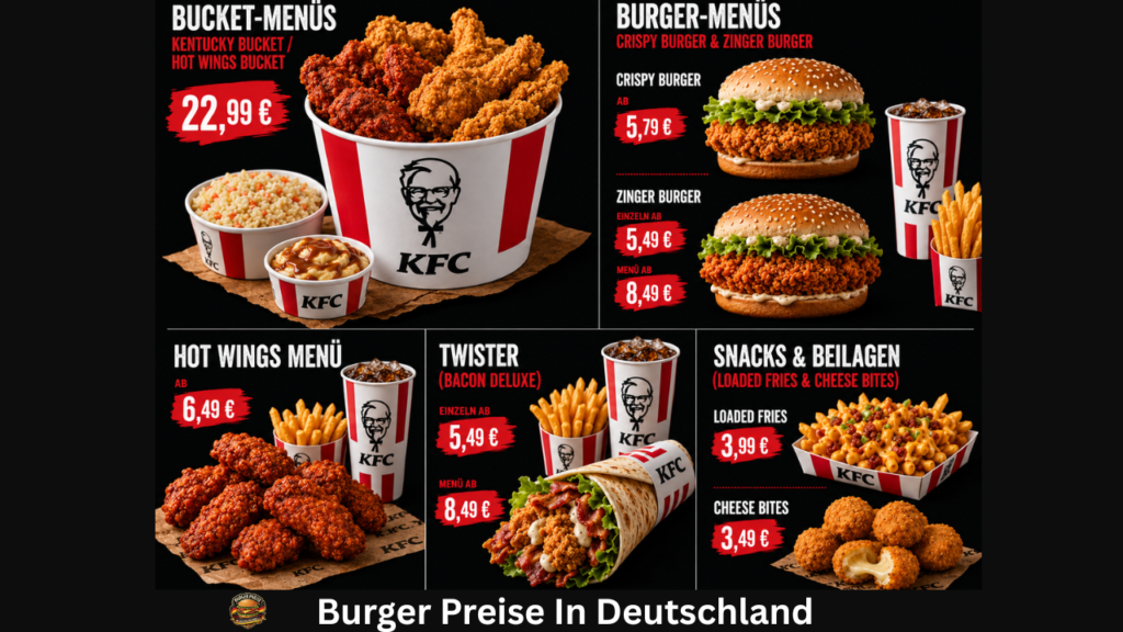 Notieren Sie sich die bekannten Menüpunkte von KFC Deutschland