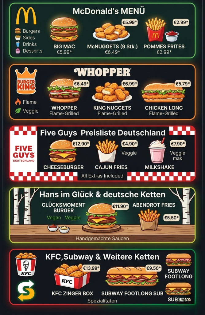 die gesamte Speisekarte Mit Preisen